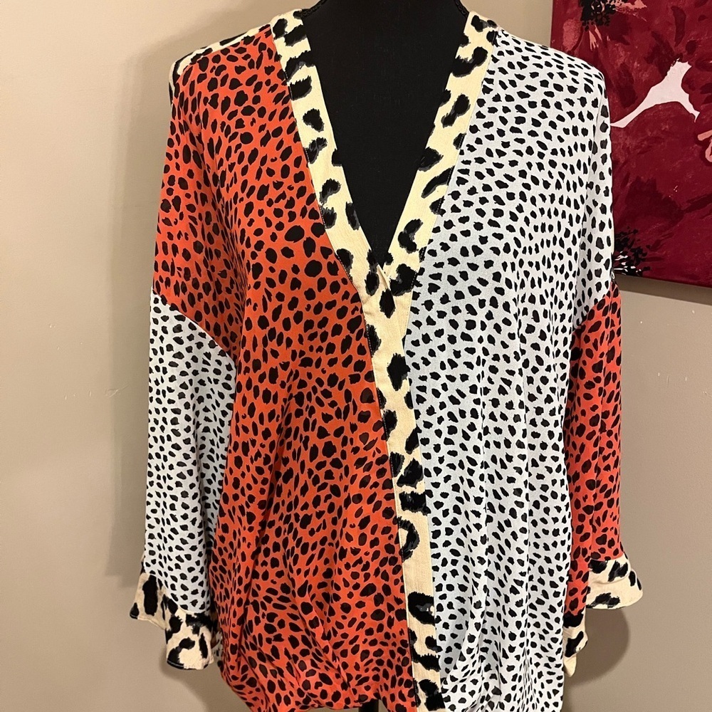 Red and Black Asymmetrical 3/4 Sleeve Blouse